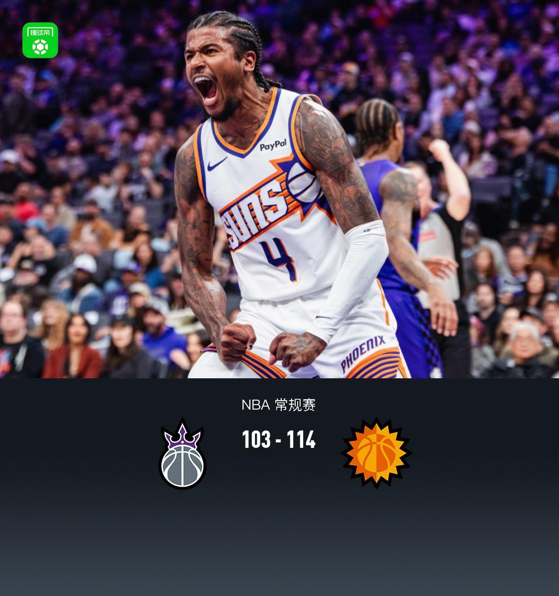 星空体育-太阳114-103轻取国王，杰伦-格林20分，布克复出17+6